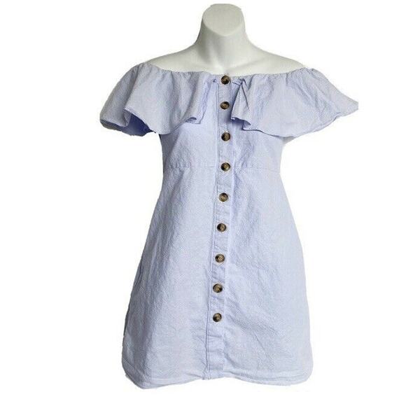 trf Zara Tunic Dress Sz XS Blue Off-Shoulder Button Front w/ Pockets - Picture 1 of 10